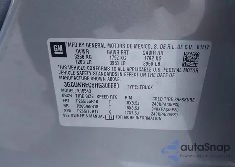 2017 Chevrolet Silverado 1500 2Lt from USA, damaged, VIN 3GCUKREC6HG306680